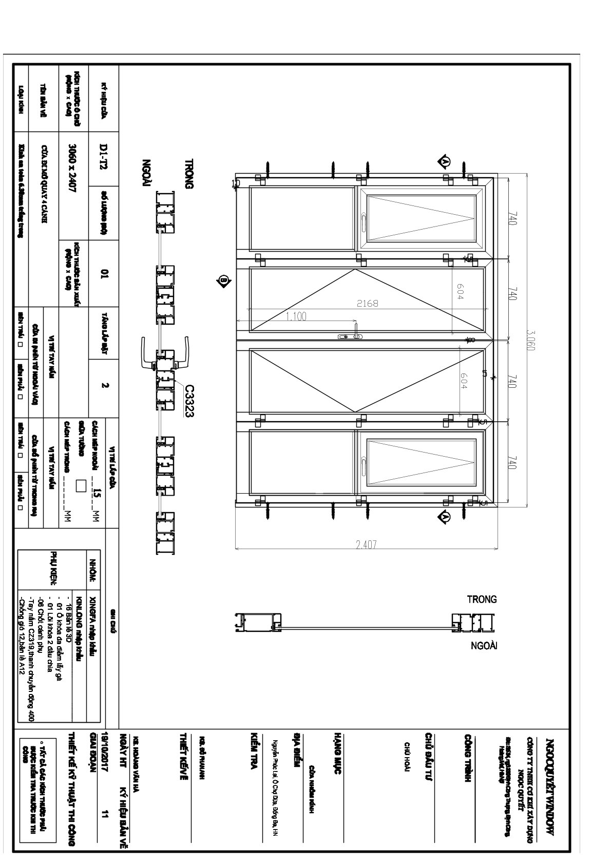 Bản vẽ kỹ thuật cửa đi mở quay 4 cánh nhôm Xingfa kích thước 3060 x 2407 mm
